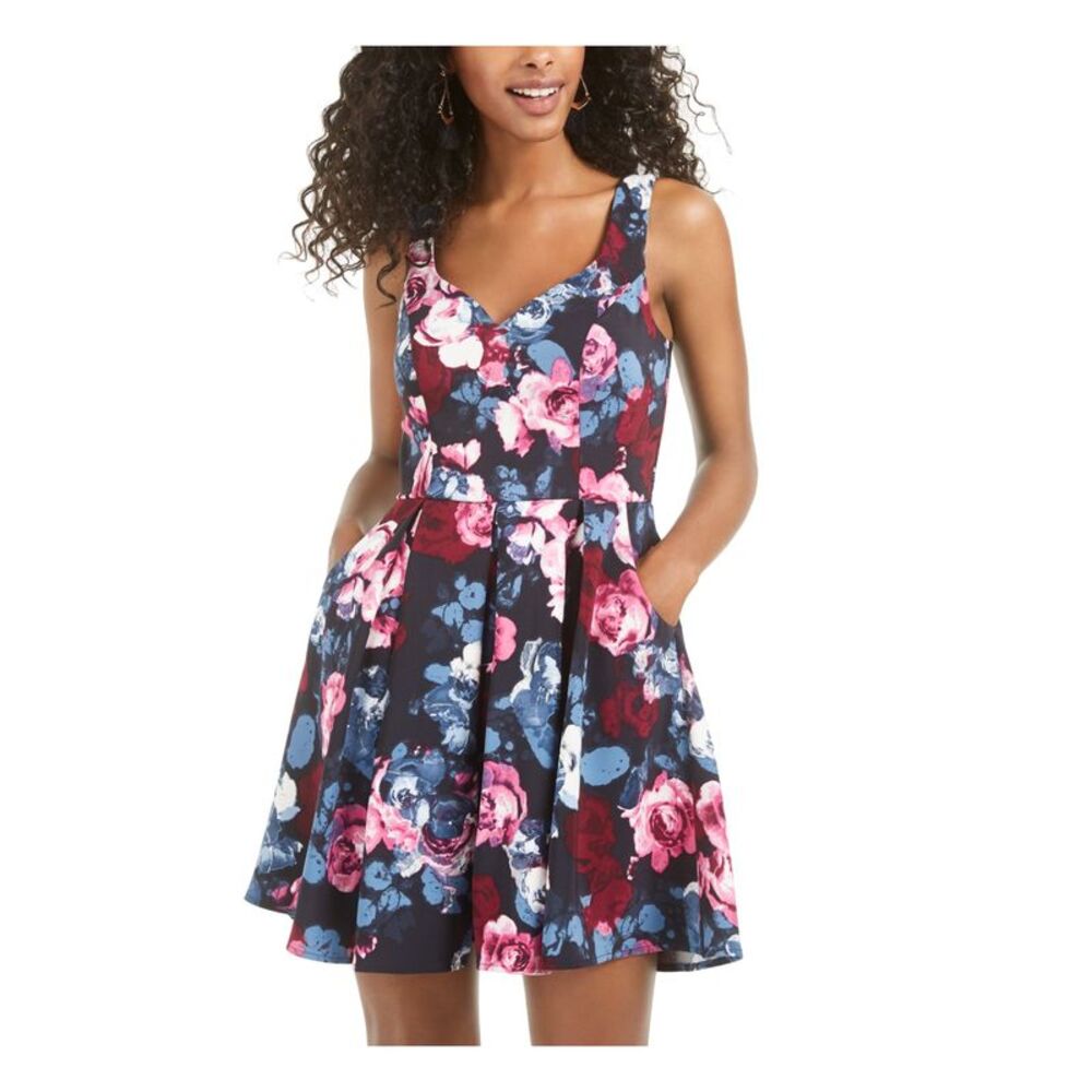 TRIXXI Womens Fit + Flare Mini Dress Navy Sleeveless V Neck Evening Juniors 7